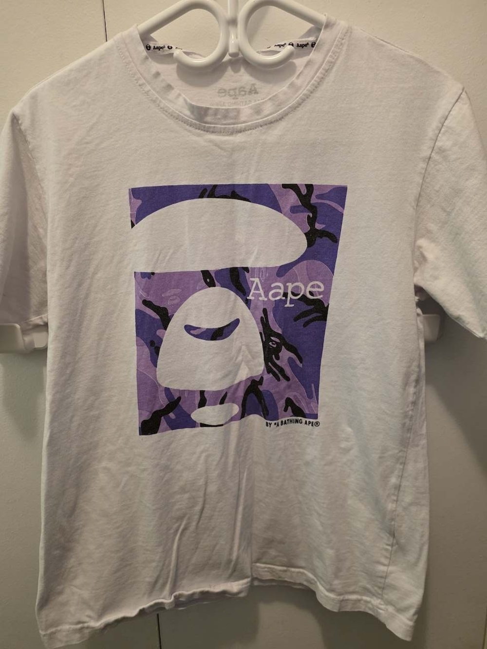 Aape by A Bathing Ape White Short-Sleeve Tee with Purple Camo Logo